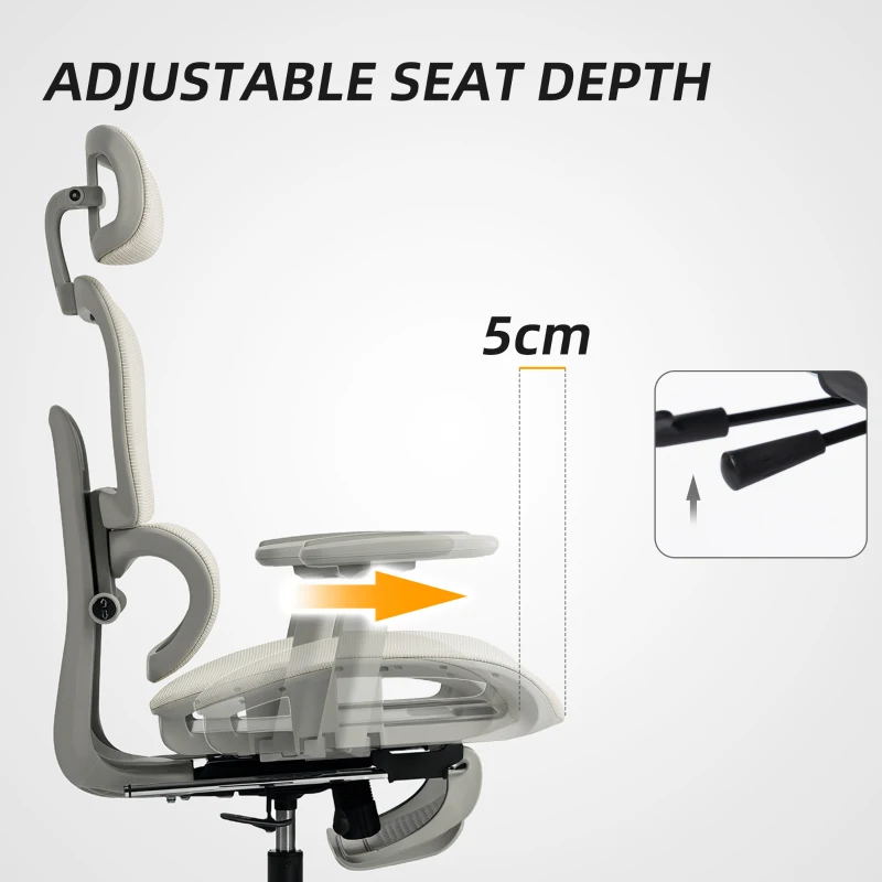 HOMCOM Krzesło Biurowe, Ergonomiczne Krzesło Biurkowe z Pokryciem z Siatki, Regulowane, na Kółkach, z Podłokietnikami, Zagłówkiem, Beżowe