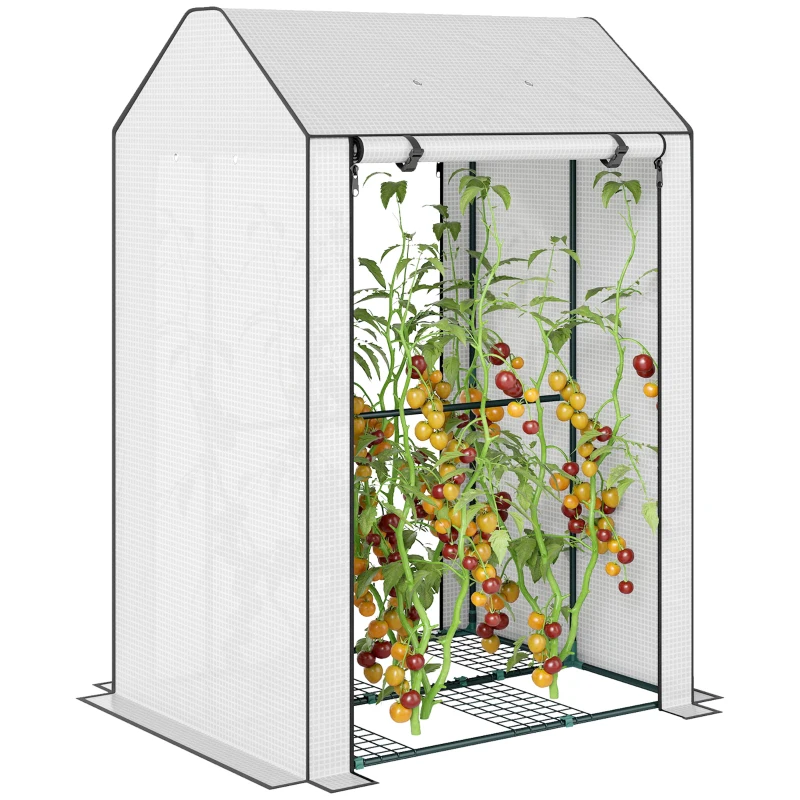 Outsunny Mini Greenhouse with 4 Wire Shelves Portable Garden Grow House Upgraded Tomato Greenhouse for Plants with Roll Up Door and Vents, 100 x 80 x 150cm, White