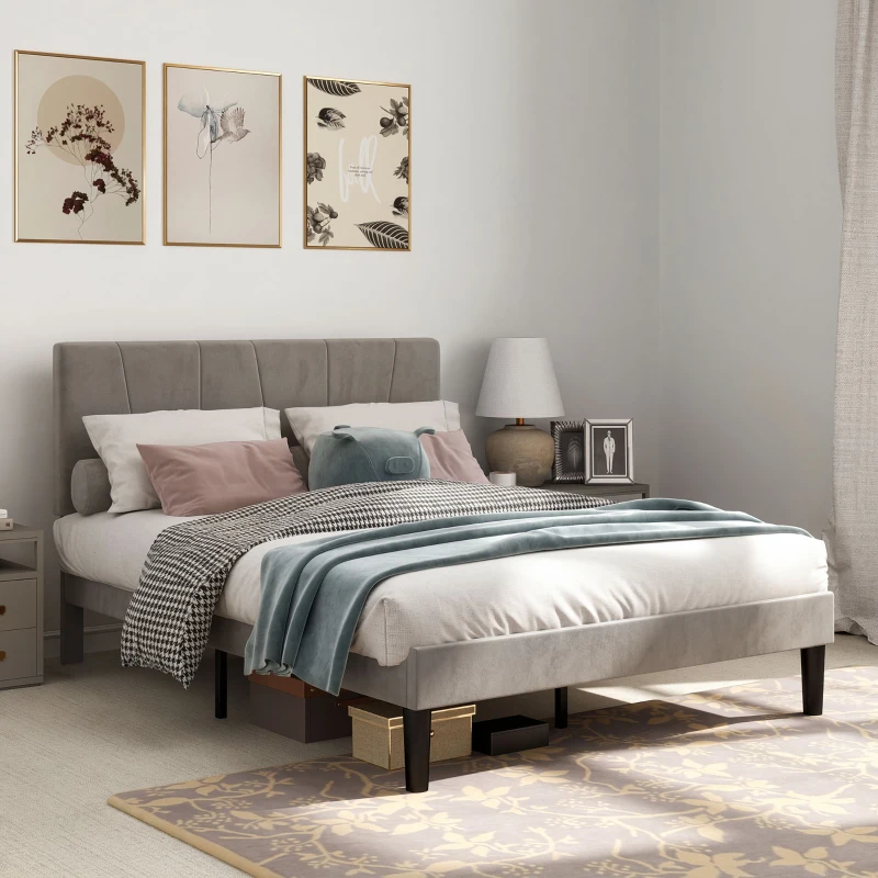 HOMCOM Cadre de lit double 140 x 190 cm lit 2 personnes tête de lit réglable sommier 150 x 198 x 100/105/110/115/120 cm gris