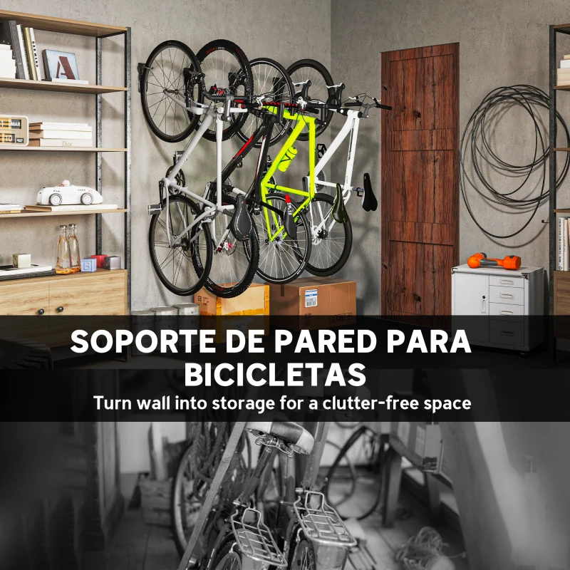 SPORTNOW Soportes de Pared para Bicicletas de 4 Piezas Plegables hasta 30 kg con Tornillos para Casa Garaje y Sótano Negro