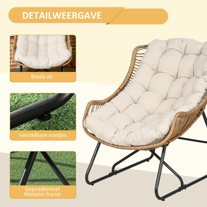Outsunny Tuin Lounge, Rotan look, Buitensstoel, met Kussen, Metalen frame, 75x101x90 cm, Natuur/Khaki/Zwart