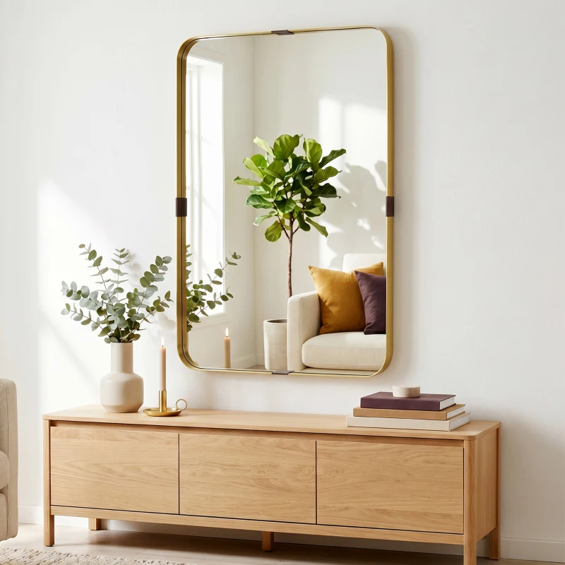 HOMCOM Rectangular Wall Mirror, 90 x 60 cm Wall Mounted Bathroom Mirror w/ Aluminium Alloy Frame and Tempered Glass, Gold Tone