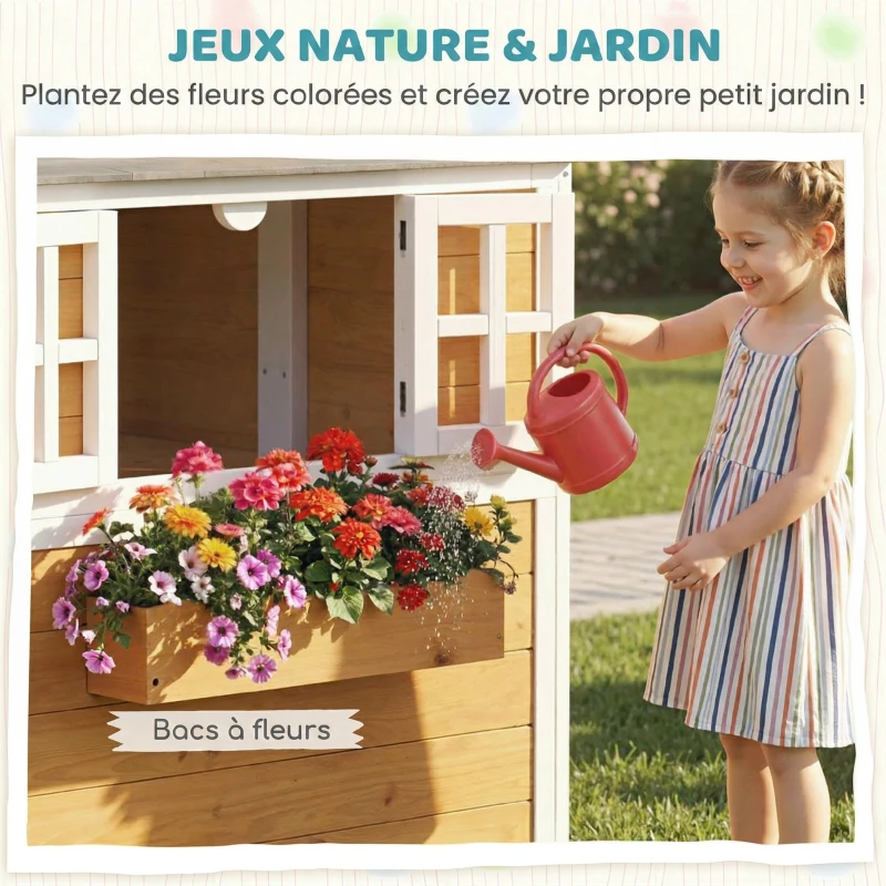 AIYAPLAY Cabane enfant extérieur en bois, maison enfant extérieure/intérieure avec porte, fenêtres, 3 bacs à fleurs, jaune