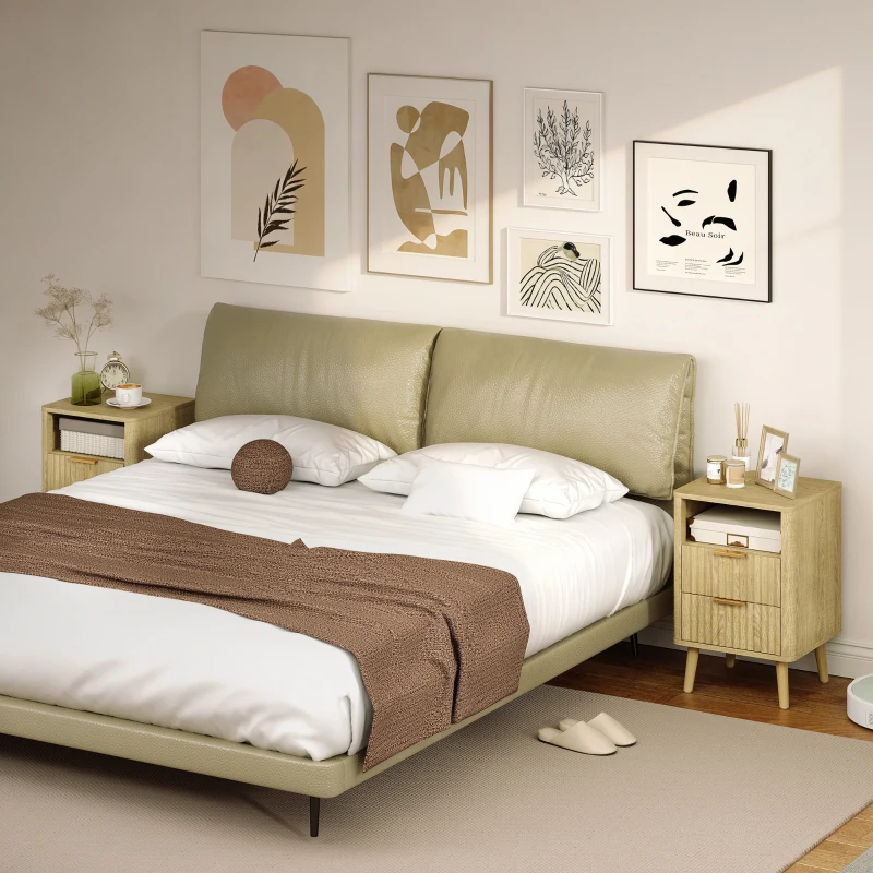 HOMCOM Lot de 2 tables de chevet, tables de nuit avec 2 tiroirs et compartiment ouvert, coins arrondis, 40 x 40 x 61 cm, chêne