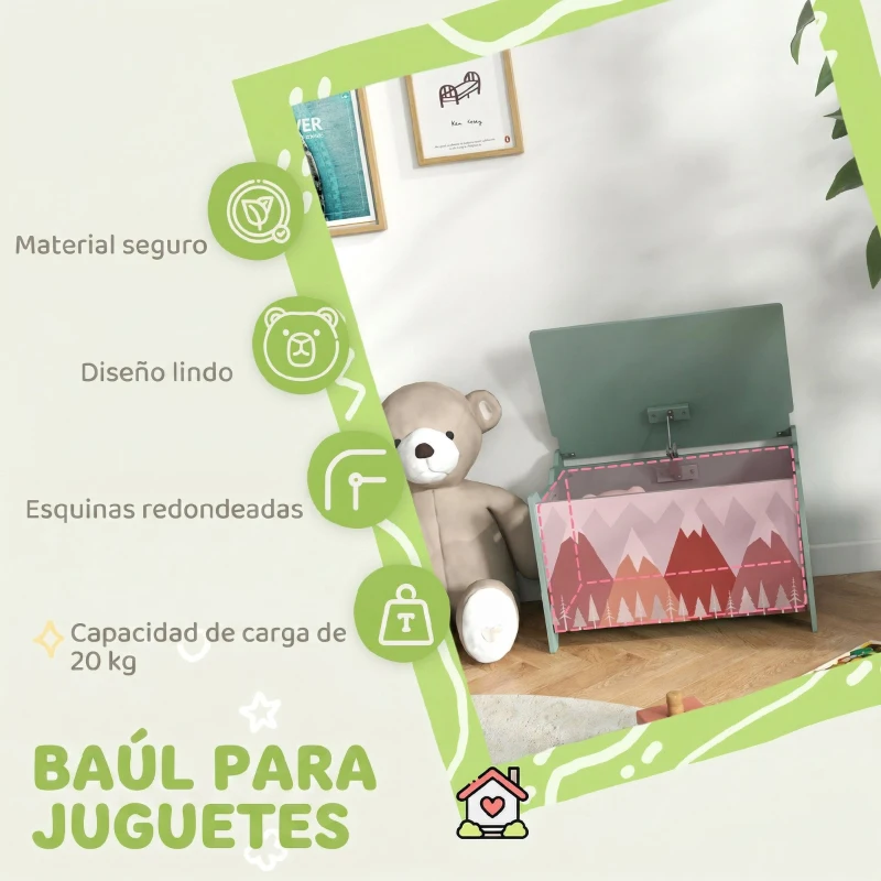 ZONEKIZ Cajas de Juguetes para Niños de 3 a 8 Años Cajas de Almacenamiento con 2 Asas y Estampado de Osos 60x37x39 cm Verde