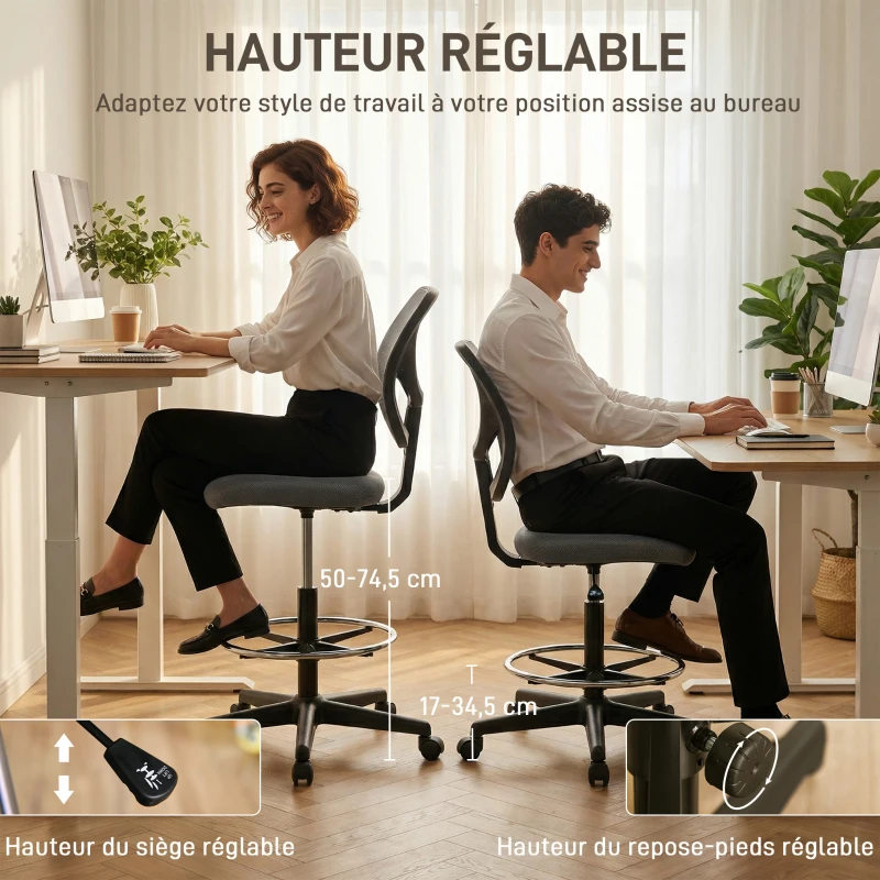 Vinsetto Chaise bureau ergonomique, fauteuil de bureau avec repose-pieds, chaise à dessin en maille, hauteur réglable, gris foncé