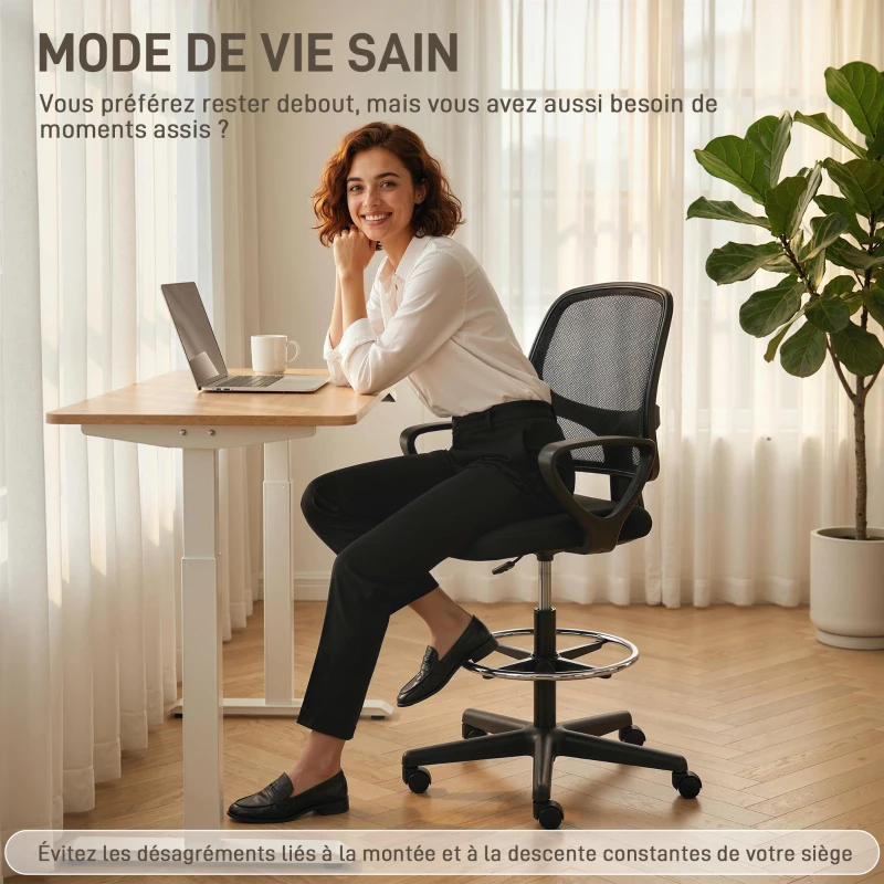 HOMCOM Chaise bureau ergonomique, fauteuil de bureau avec repose-pieds et accoudoirs, hauteur réglable, 59x58x103-123cm, noir