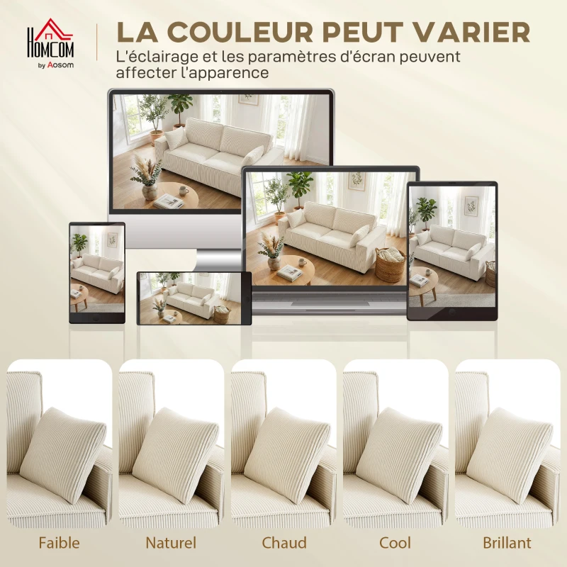 HOMCOM Canapé 3 places en velours côtelé 218 cm, canapé salon,  coussins à ressorts, larges accoudoirs, 2 coussins, beige