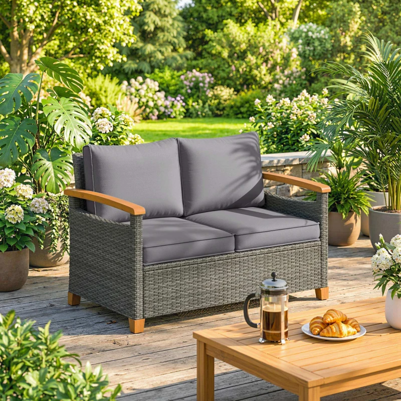 Outsunny 2 Seater Rattan Garden Sofa, Outdoor Sofa with Thickened Cushions and Acacia Wood Armrests, Dark Grey