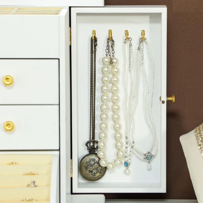 HOMCOM Boîte à Bijoux Femme à 4 Niveaux, Coffre à Bijoux en Bois avec Ailes, Miroir et 2 Tiroirs, 26,5x16 x33,5 cm, Blanc