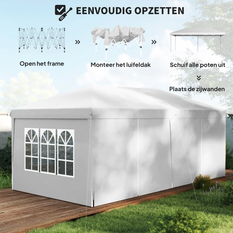 Outsunny Vouwtent van 6 x 3 m, verwijderbare zijwanden, grote ramen, deuren met ritssluiting, stalen frame, wit