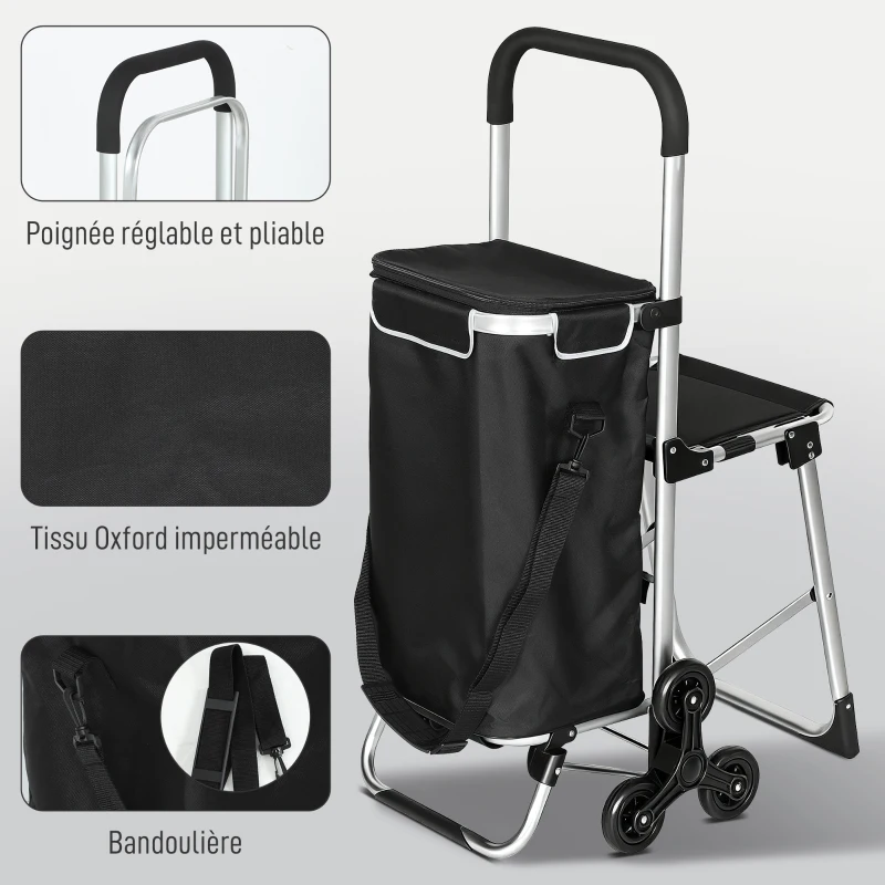 HOMCOM Chariot de courses pliable caddie de courses portable à roulettes avec siège pliable, sac amovible, 46x59,5x97cm, noir