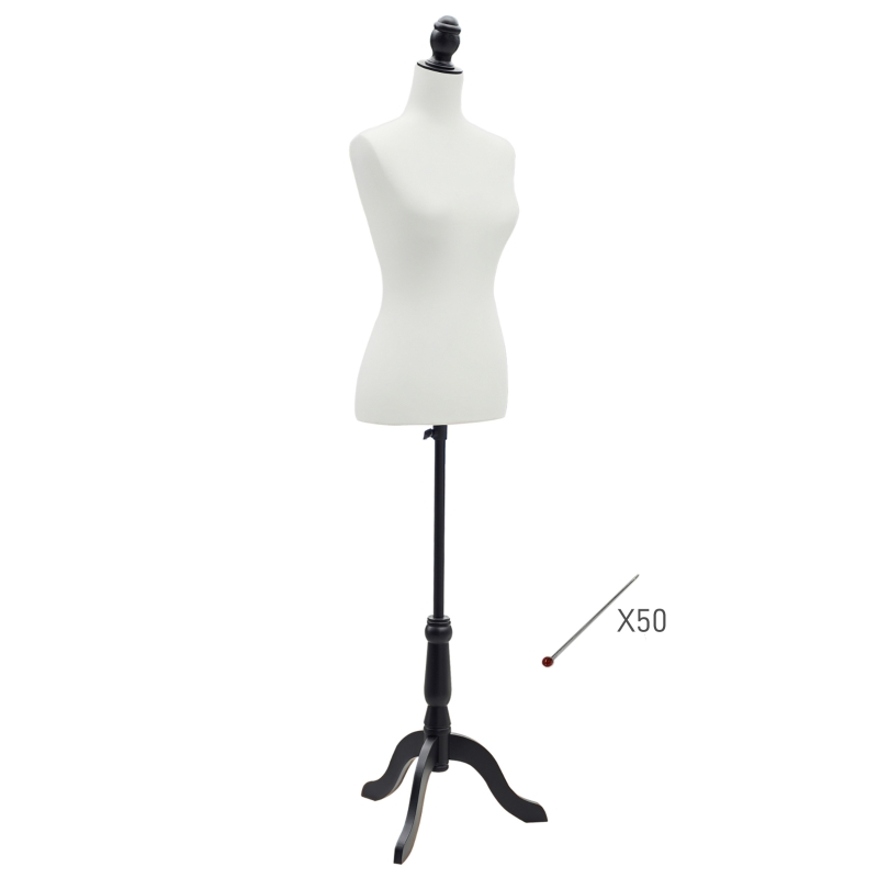 HOMCOM Maniquí Mujer Ajustable a 130-168 cm con Trípode de Madera 50 Alfileres de Colores para Fotografía de Moda Blanco
