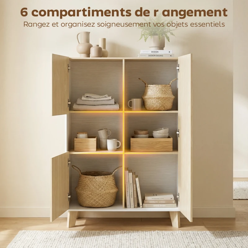 HOMCOM Buffet salon, meuble de rangement à 6 compartiments et portes à fermeture amortie, 80x40x135cm, blanc et bois naturel