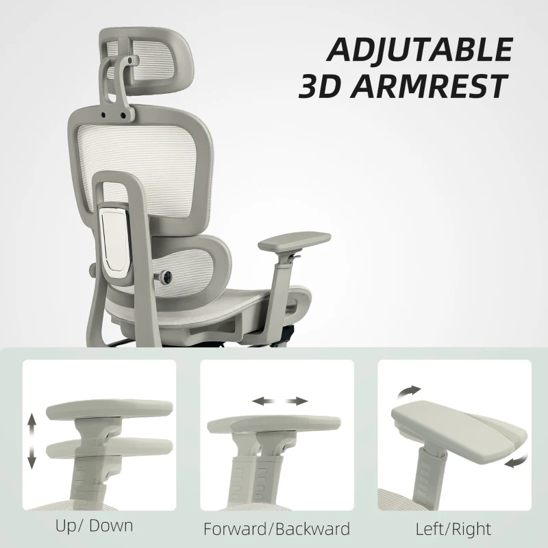 HOMCOM Krzesło Biurowe, Ergonomiczne Krzesło Biurkowe z Pokryciem z Siatki, Regulowane, na Kółkach, z Podłokietnikami, Zagłówkiem, Beżowe