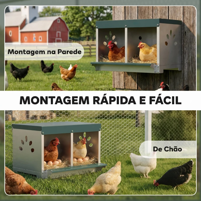 PawHut Ninho para Galinhas Poedeiras de Aço Galvanizado com 2 Compartimentos Ninho para 2 Galinhas com Teto Impermeável e Ventilação 54,5x42,5x35,5 cm Prata e Verde