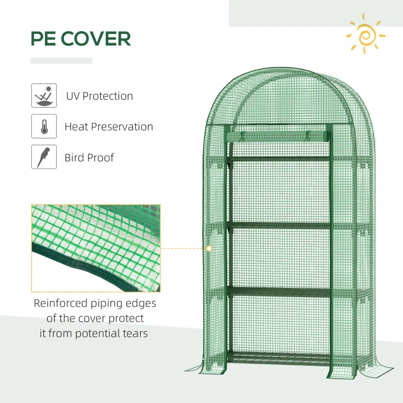 Outsunny 80 x 49 x 160cm Mini Greenhouse for Outdoor Use, Portable Gardening Plant House with Storage Shelf, Roll-Up Zippered Door, Metal Frame, and PE Cover, Green