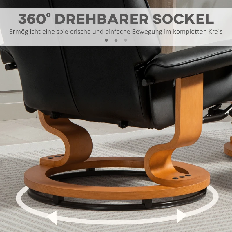 HOMCOM Relaxsessel mit Hocker, drehbar & neigbar, Kunstlederbezug, bis 150 kg, Holzgestell, Schwarz