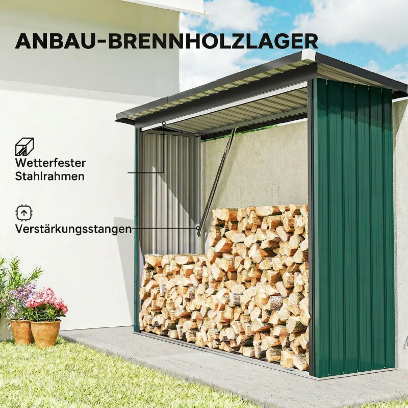 Outsunny Brennholzschuppen, Feuerholzunterstand, Stahl, erhöhter Boden, Schrägdach, 213 x 66,5 x 150 cm, Grün