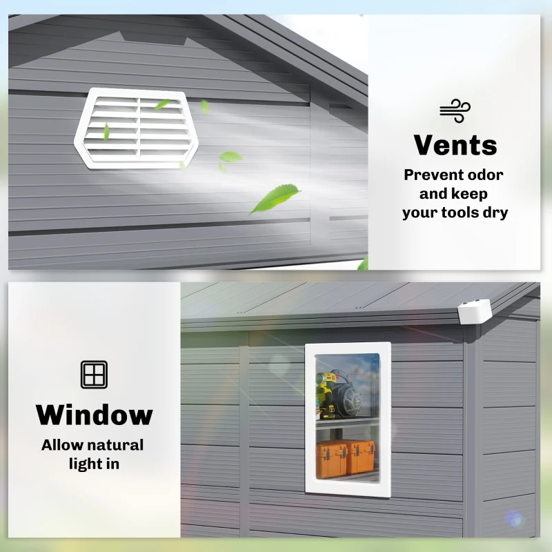 Outsunny 4 x 3ft Plastic Garden Storage Shed - Foundation Kit Included, Polypropylene Outdoor Storage Tool House with Ventilation Slots and Lockable Door, Grey