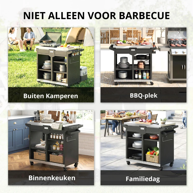 Outsunny Grillwagen met 5 niveaus, roestvrijstalen werkblad, verstelbare planken, lade, wielen, kruidenrek en handdoekhouder