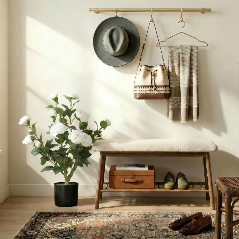 HOMCOM 65cm Artificial Camellia Flower Plant in Pot with 116 Lush Leaves & Moss Effect, White