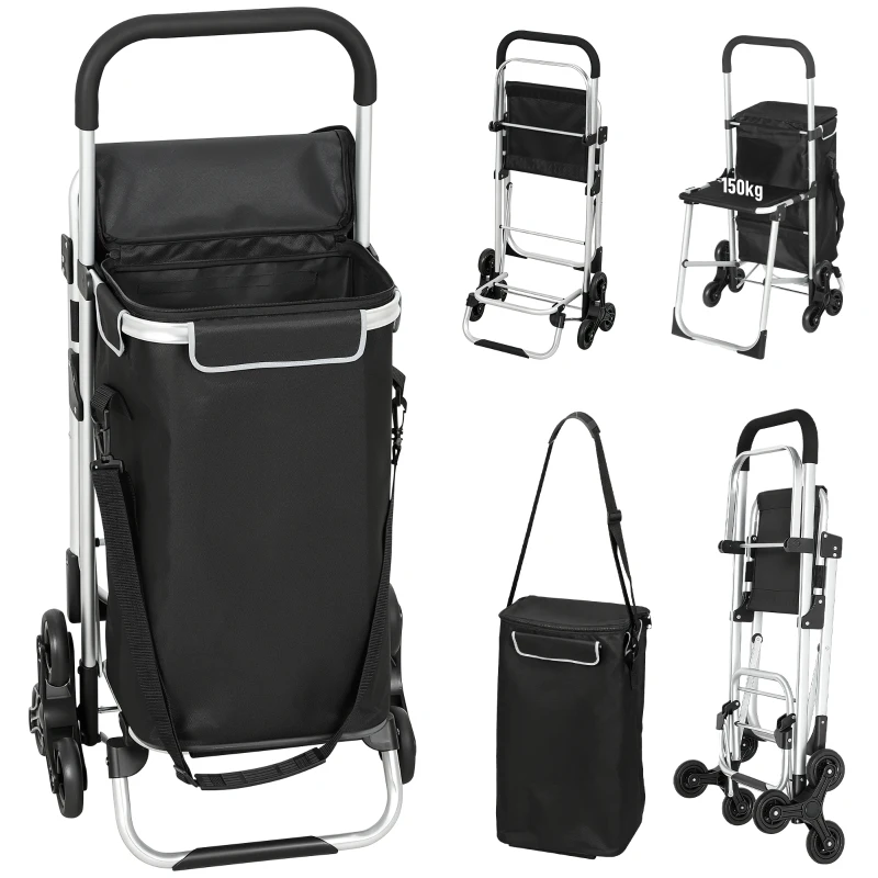 HOMCOM Chariot de courses pliable caddie de courses portable à roulettes avec siège pliable, sac amovible, 46x59,5x97cm, noir
