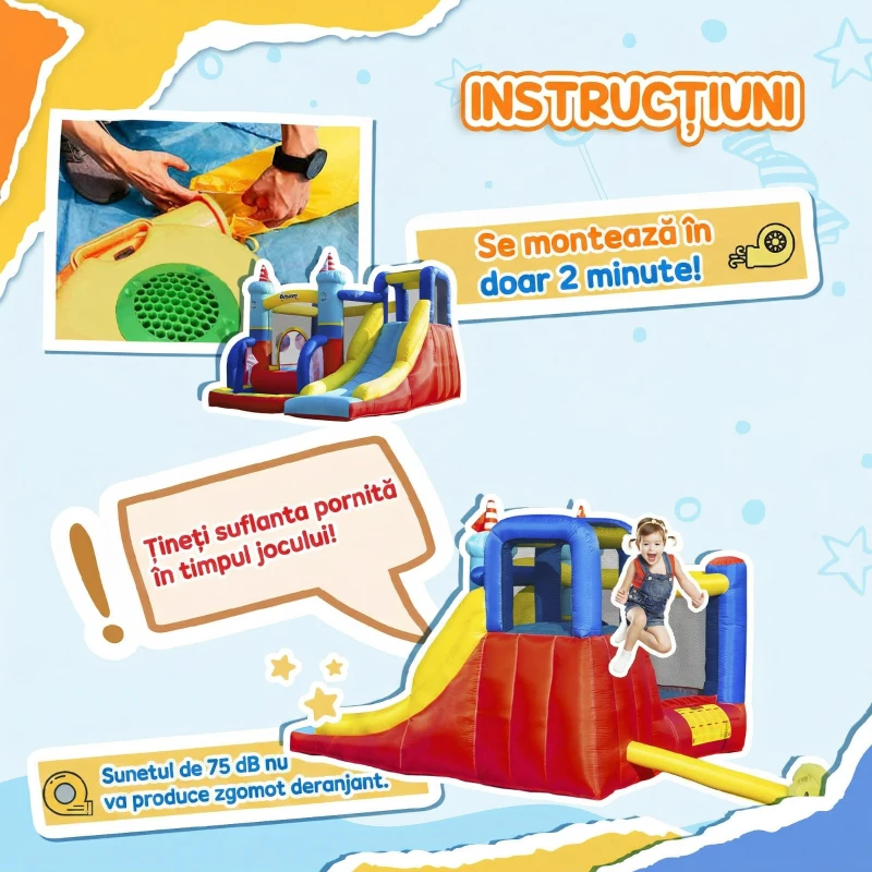 Outsunny Castel Gonflabil 4 in 1 pentru Copii de la 3 la 8 ani cu Tobogan, Trambulina, Piscina si Pompa inclusa, 265x260x200cm