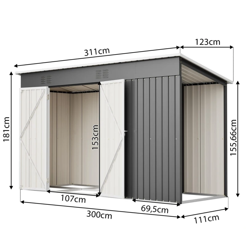 Metall-Gerätehaus mit Doppeltür, 311x123x181 cm, Grau