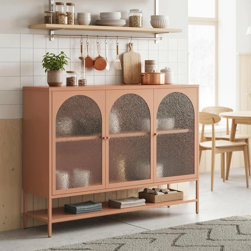 HOMCOM Buffet salon, meuble de rangement avec 3 portes vitrées cintrées et étagère ouverte, 140 x 40 x 105 cm, rouille