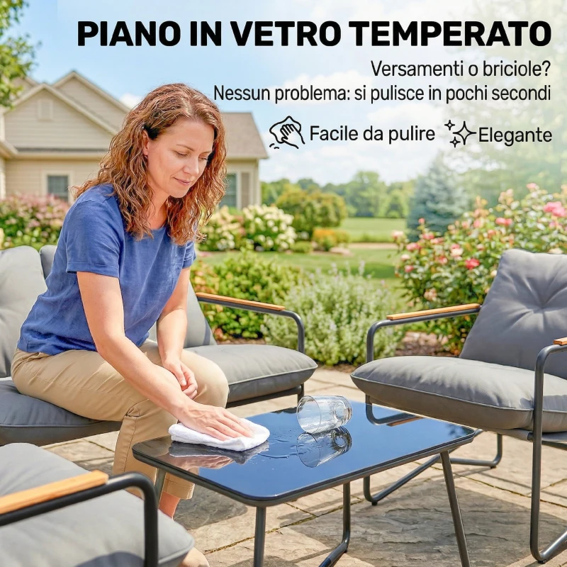 Outsunny Salotto da Giardino 4 Posti con Divanetto 2 Posti e 2 Poltrone con Cuscini, Grigio Chiaro