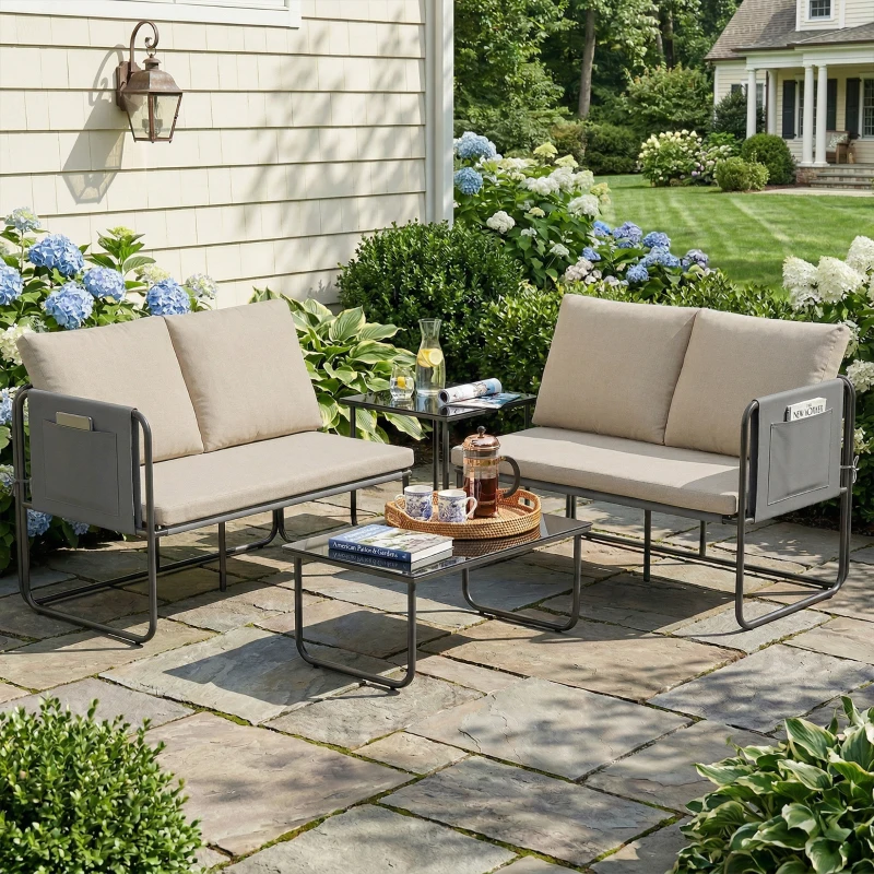 Outsunny Conjunto de Jardim de 4 peças Móveis de Exterior com 2 Sofás de 2 Lugares 2 Mesas de Vidro Almofadas Capas Removíveis Preto e Bege