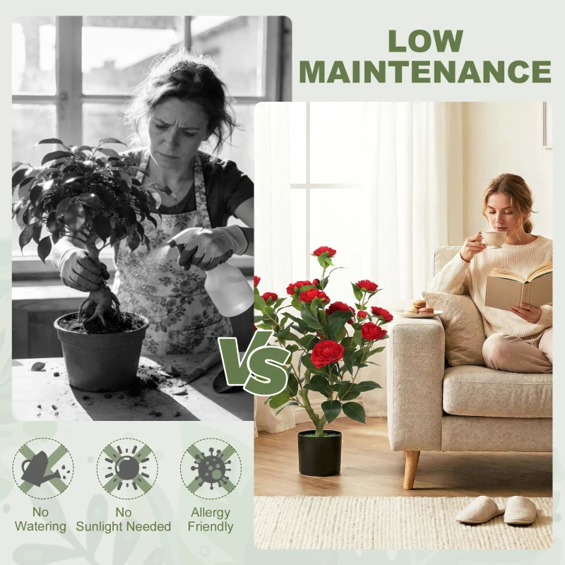 HOMCOM 65cm Artificial Camellia Flower Plant in Pot with 116 Lush Leaves & Moss Effect, Red