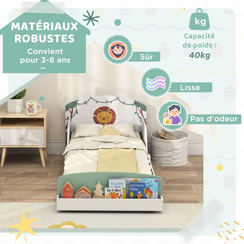 AIYAPLAY Lit enfant 70 x 140 cm, lit pour enfant avec barriere de securite et sommier à lattes, espace de rangement, vert