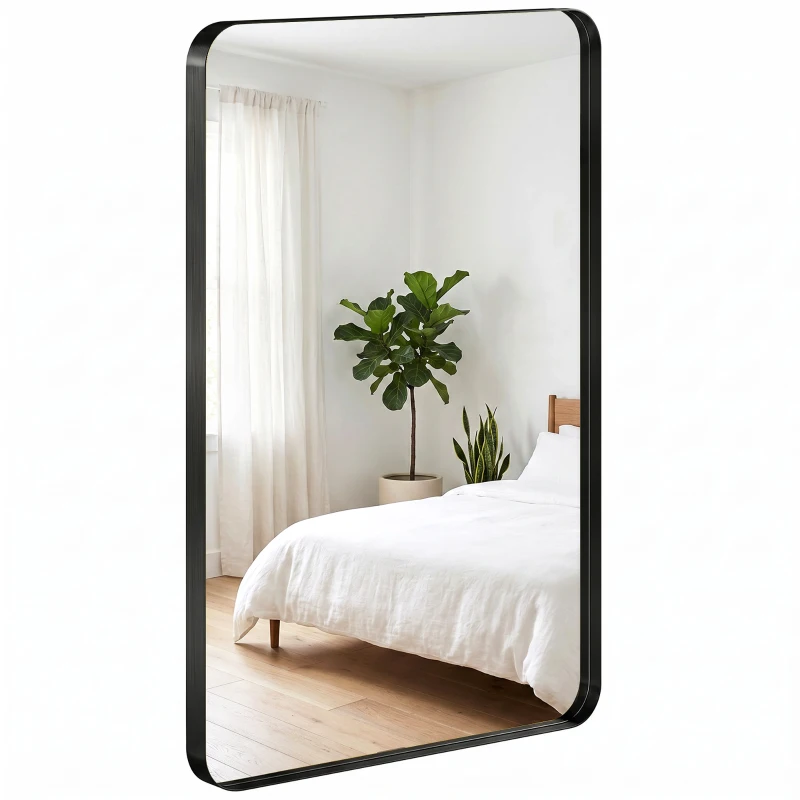 HOMCOM Rectangular Wall Mirror, 90 x 60 cm Wall Mounted Bathroom Mirror with Aluminium Alloy Frame and Tempered Glass, Black