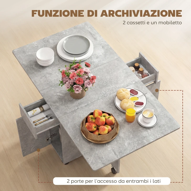 HOMCOM Tavolo da Pranzo Pieghevole a Ruote con 2 Cassetti, 2 Ante e Armadietto, in Legno, 140x76x74 cm, Grigio Cemento