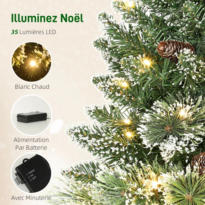HOMCOM Sapin de Noël artificiel 60 cm, mini arbre de Noël de table floqué avec 35 LED, pommes de pin, fonctionne à piles, vert