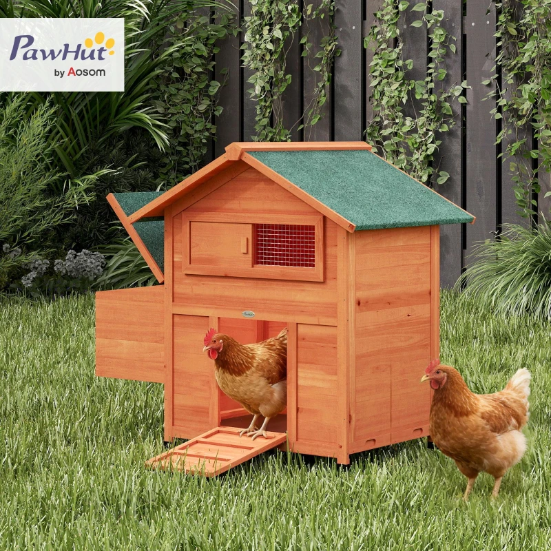 PawHut Kippenhok Kippenhuis van hout met nestkast 2 zitstokken loopplank venster waterdicht dak 113,5x67,5x95,5 cm Oranje
