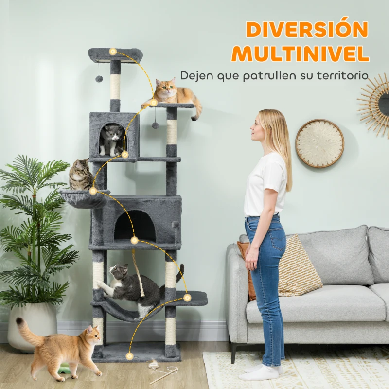 PawHut Árbol Rascador para Gatos con Plataforma Torre Escalador para Gatos con Cama Cuevas Postes de Sisal 60x48x202 cm Gris