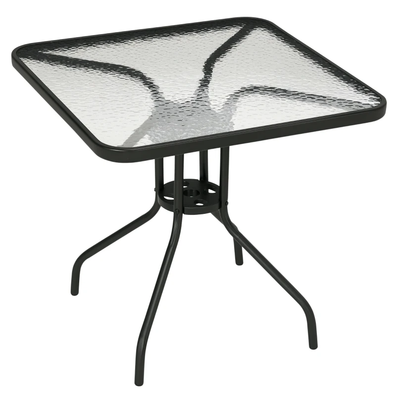 Outsunny Square Patio Table - Tempered Glass Top Bistro Table, Garden Dining Table, Outdoor Accent Coffee Table, 76 x 76cm, Steel Frame with Umbrella Hole