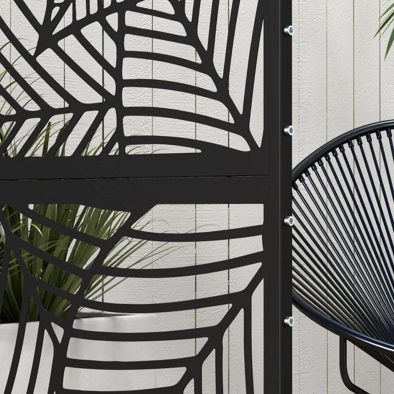 Outsunny Biombo de 3 Painéis 122x198 cm Biombo Separador de Ambientes com Suporte Design de Folhas Grandes Preto