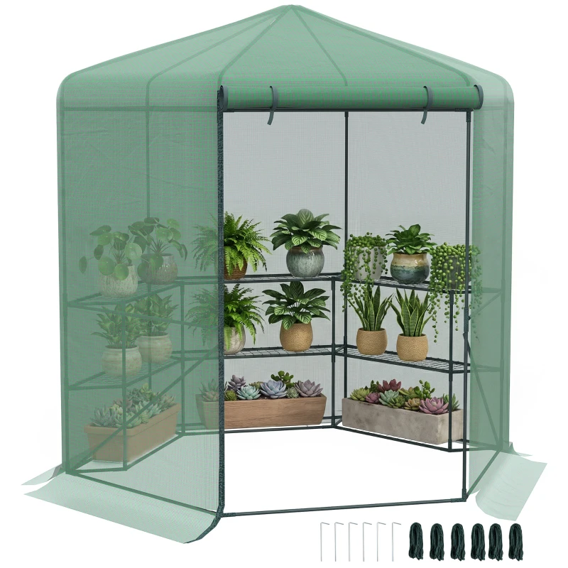 Outsunny Invernadero de Jardín Hexágono 194x194x215 cm Vivero Casero con 6 Estantes Puerta Enrollable y Marco de Acero Galvanizado para Cultivos Plantas Macetas Flores Verde