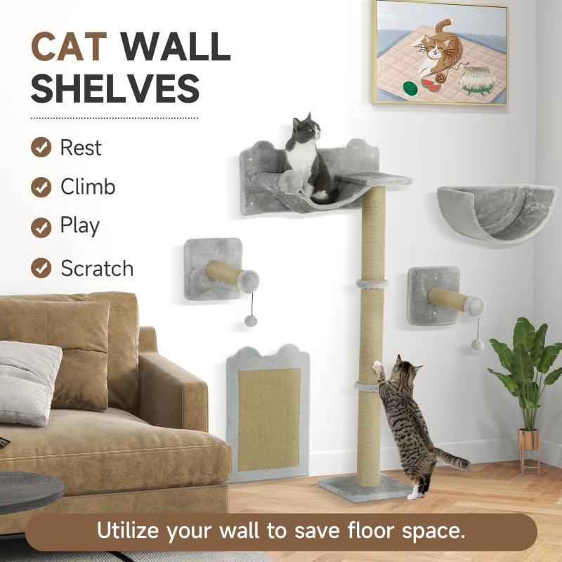 PawHut 5 Piece Cat Shelf Set, Wall Mounted Cat Tree with Scratching Posts & Pad, Cat Bed, Ladder, Steps, Dangling Toy Balls, Jumping Platform, for Indoor Cats, Light Grey