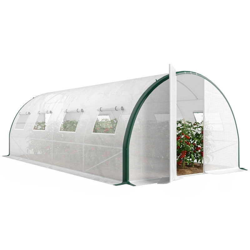Outsunny Serre tunnel de jardin 18m², serre de jardin tunnel avec portes et 8 fenêtres, bâche PE 140g/m² 600 x 300 x 200 cm blanc