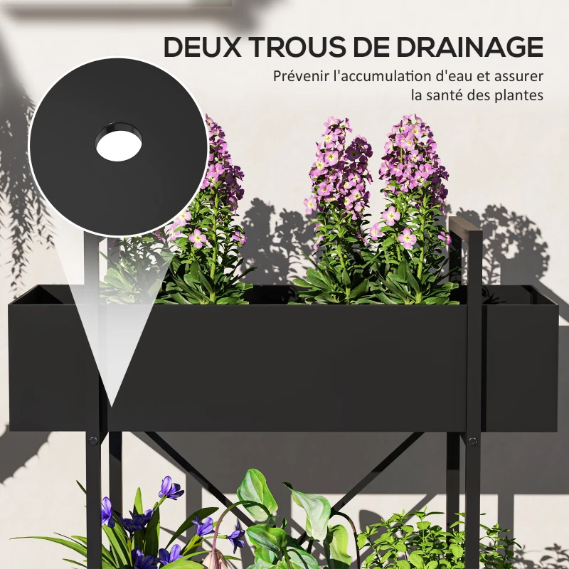 Outsunny Support plantes interieur 2 niveaux, porte plante avec trous de drainage, plateau supérieur, métal, 60 x 25 x 70 cm noir