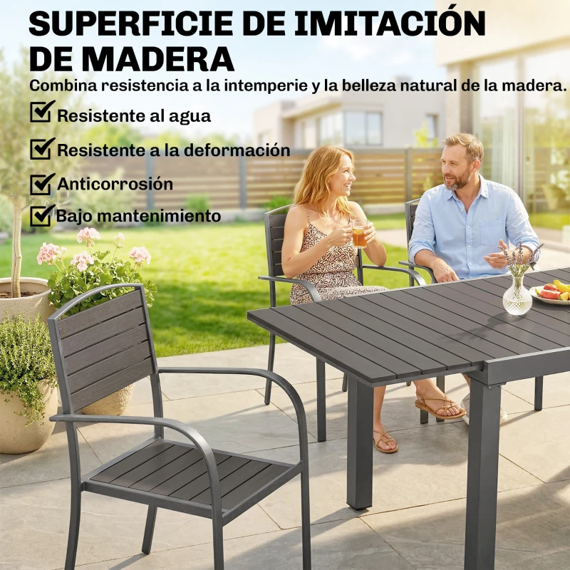 Outsunny Conjunto de Mesa y Sillas Jardín con Mesa Extensible Marco de Aluminio 8 Sillas y Tablero de Lamas de Madera Plástica