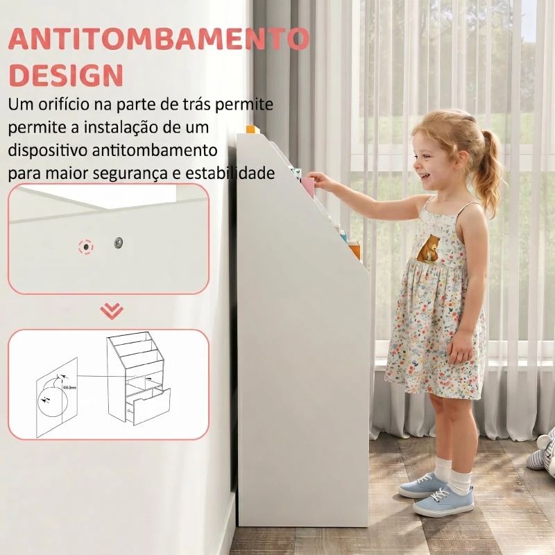 HOMCOM Estante de Madeira para Brinquedos com 3 Compartimentos 2 Cubos e Gaveta Móvel com 4 Rodas Estante para Livros Infantil para Dormitório Infantil Sala de Jogos 60x29,9x90cm Branco