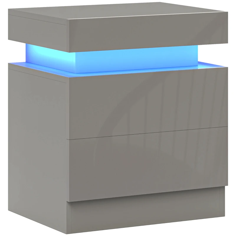 HOMCOM Grey Bedside Table with LED Light, High Gloss Front Nightstand with 2 Drawers, for Living Room, Bedroom