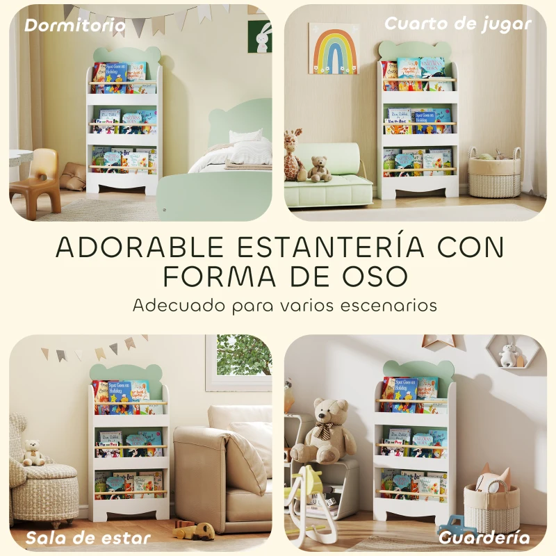 AIYAPLAY Estantería Infantil 3 Niveles Diseño de Osito Bordes Redondeados y Barreras de Seguridad para Libros y Juguetes Verde