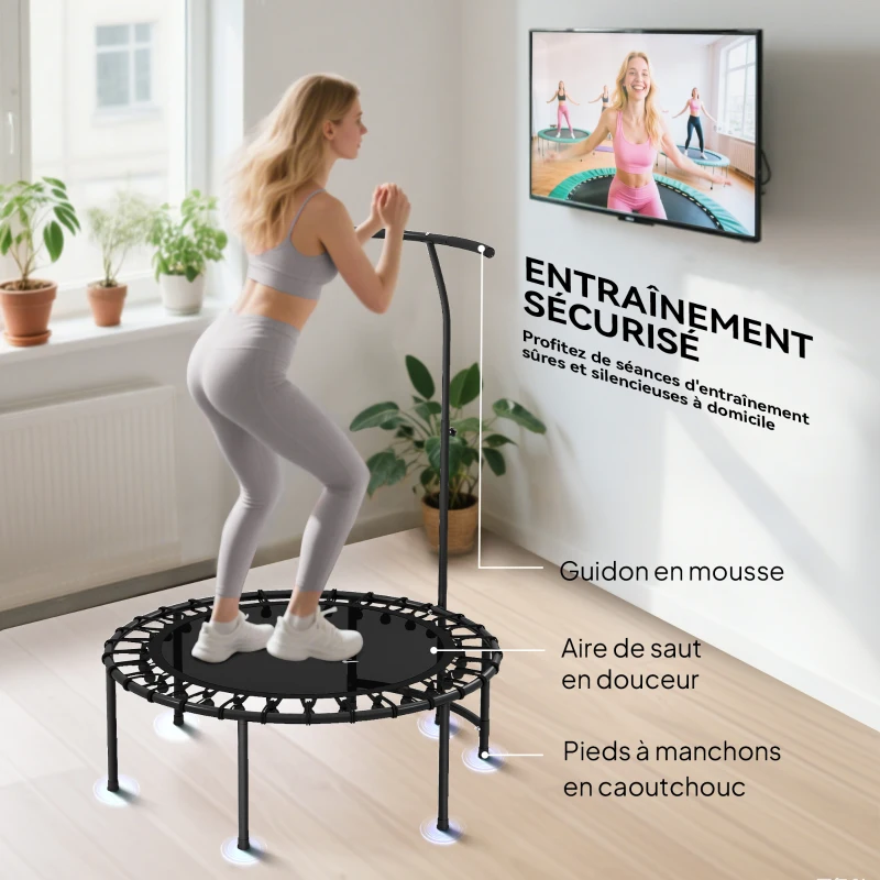 SPORTNOW Trampoline de Fitness avec Cordes Élastiques, Poignée Réglable 5 Positions, Capacité 100 kg, Acier, Ø102x132cm, Noir